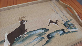 hand painted deer motif on maple serving tray.by standard specialty co. made in japan