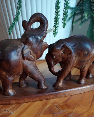 Vintage Elephant with calf, hand carved Teak