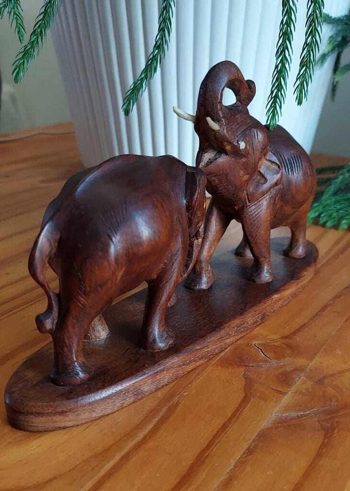 Vintage hand carved African Black Walnut Elephants with tusks