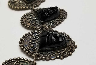 Mexican Modernist Necklace and Earrings Set Vintage 925 Sterling Silver Mexico Carved Mask Cabochon Black Stone Onyx Obsidian