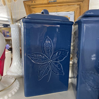 Lillian Vernon Blue Leves Lidded Ceramic Cannister