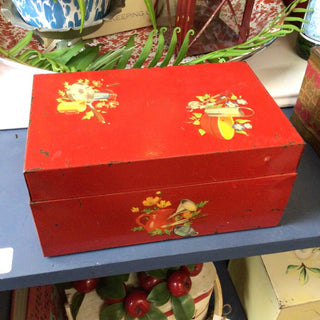 Red tin receipt box with kitchen decals
