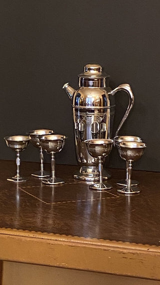 Art Deco silver martini shaker w/5 glasses DNC (must sell as a set)