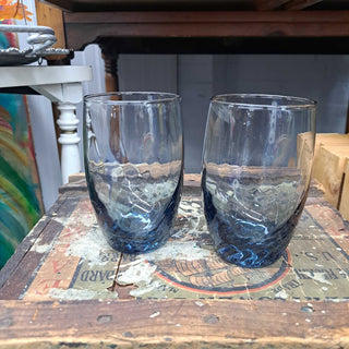 Pair Vtg Libbey Tiara Bleu Glass Swirl Optic Drink Glasses 1960s