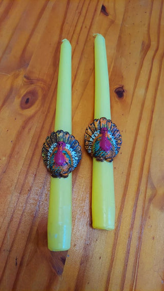 Vintage pair of 10" tapered candles with turkey, autumn thanksgiving candles
