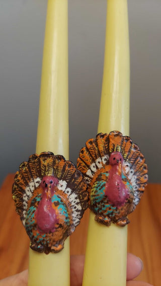 Vintage pair of 10" tapered candles with turkey, autumn thanksgiving candles