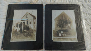 Edwardian family proudly showing home at "2048", two photos in bag, front and back