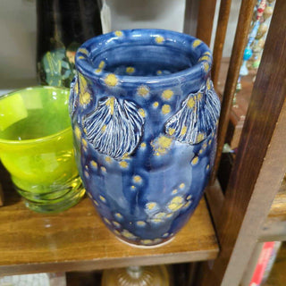 blue yellow rabbit signed pottery vase