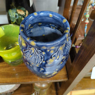 blue yellow rabbit signed pottery vase
