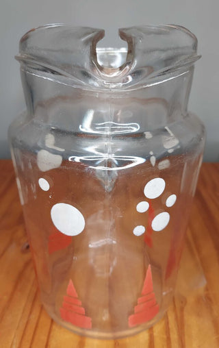 Rare MID MOD White Circles and Geometric Red Trees Glass Pitcher with Ice Lip