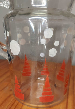 Rare MID MOD White Circles and Geometric Red Trees Glass Pitcher with Ice Lip
