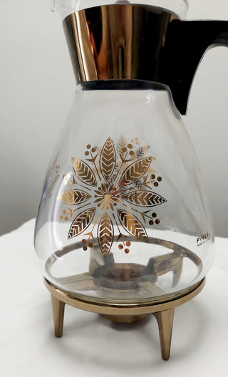 1961 Holiday Addition, Golden Poinsettia carafe with base - Pyrex USA (T&M)