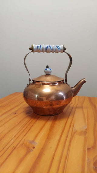 Copper And Brass Tea Pot Kettle, With white and blue Ceramic Handles
