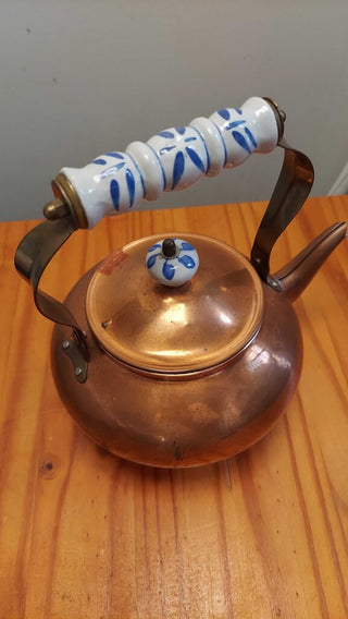 Copper And Brass Tea Pot Kettle, With white and blue Ceramic Handles