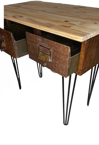 Custom 1940s Metal Drawer Cabinet Table Console Desk, with pin legs, Brass Pulls, wood top