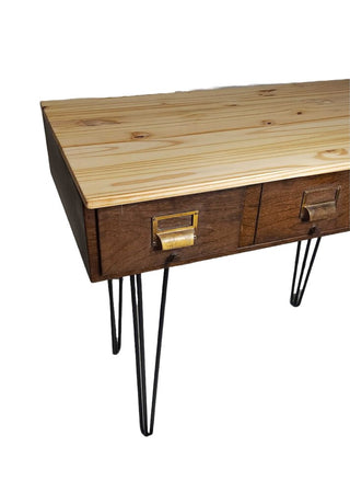 Custom 1940s Metal Drawer Cabinet Table Console Desk, with pin legs, Brass Pulls, wood top