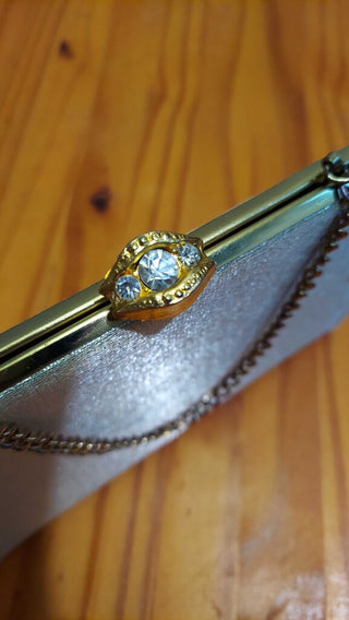 1960s Silver Gold Evening Clutch Handbag with rhinestone clasp (T&M)
