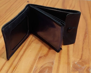 1950s mens bifold and snap wallet black "genuine calf" leather (T&M)