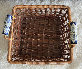 Vintage Woven Basket w/Blue & White Ceramic Handles 9.5"L x 9"W x 4"H