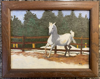 Canvas oil painting White Horse, Signed Helen