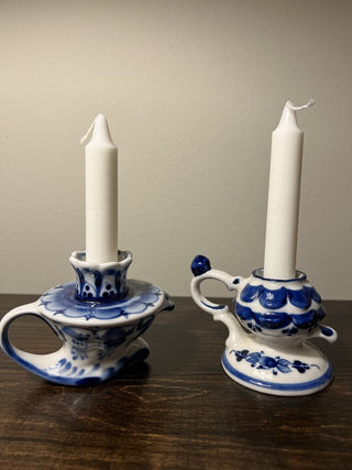 Russian Gzhel Blue & White Candlestick Holder Set of 2 3"H x 3"W 3 1/2H x 3 1/2"W