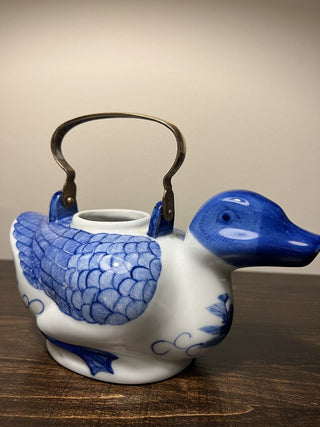 Rare Brass Handled Blue & White Porcelain Duck Teapot 8 1/2"L x 4"H x 4"W