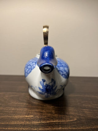Rare Brass Handled Blue & White Porcelain Duck Teapot 8 1/2"L x 4"H x 4"W