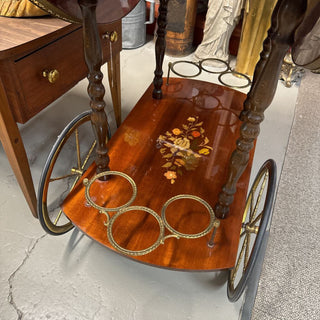 Italian marquetry drop leaf walnut and brass bar cart