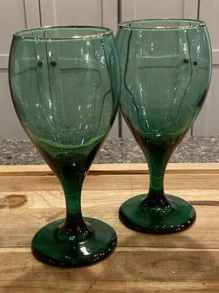 Libbey Green Goblets w/Gold Trim, Set of 2