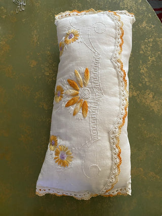 Vintage Pillow from Upcycled Table Runner-Orange Daisy design