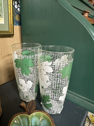 Green and White Ivy Clear Glasses Set of 2