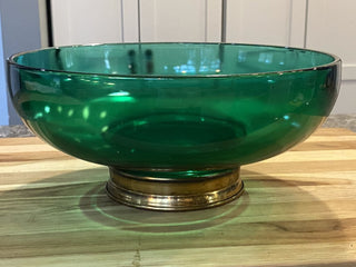 Vintage Emerald Glass Paden City Glass Bowl with copper/brass Base, 10.25"