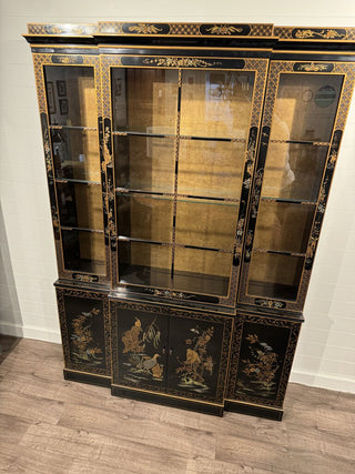 1960s Drexel Black Lacquer Chinoiserie Break Front China Cabinet