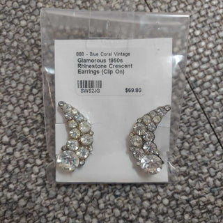 Glamorous 1950s Rhinestone Crescent Earrings (Clip On)