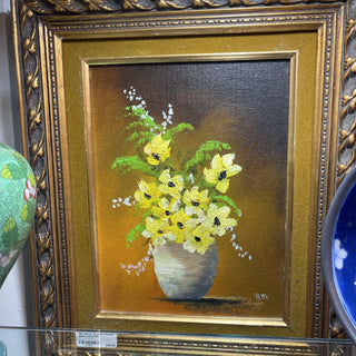 Mid century oil yellow flowers gilded frame FIRM